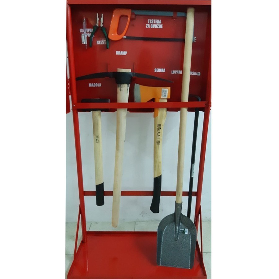 A set of emergency tools in a metal cabinet