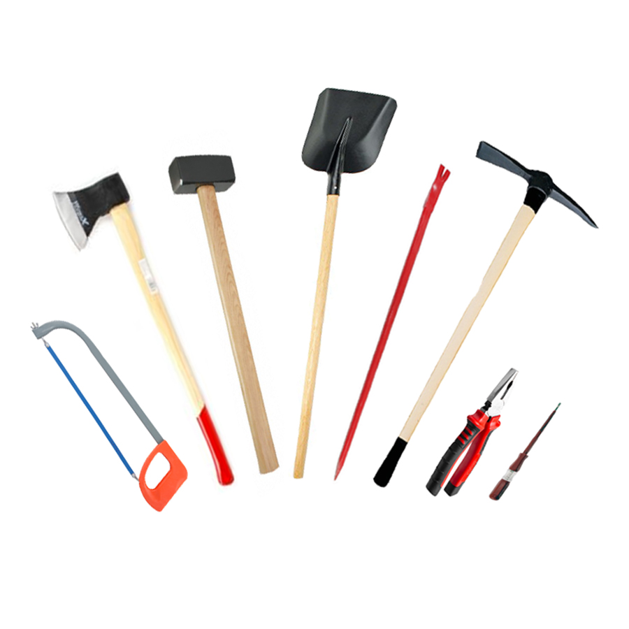 Tool set (shovel, pickaxe, ax, hammer), brush, iron saw, pliers and voltage tester)