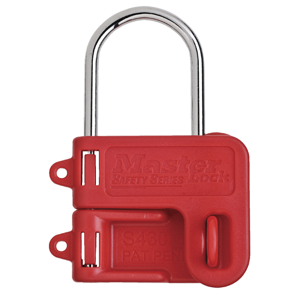 Steel hasp with red plastic handle, 25mm jaw clearance